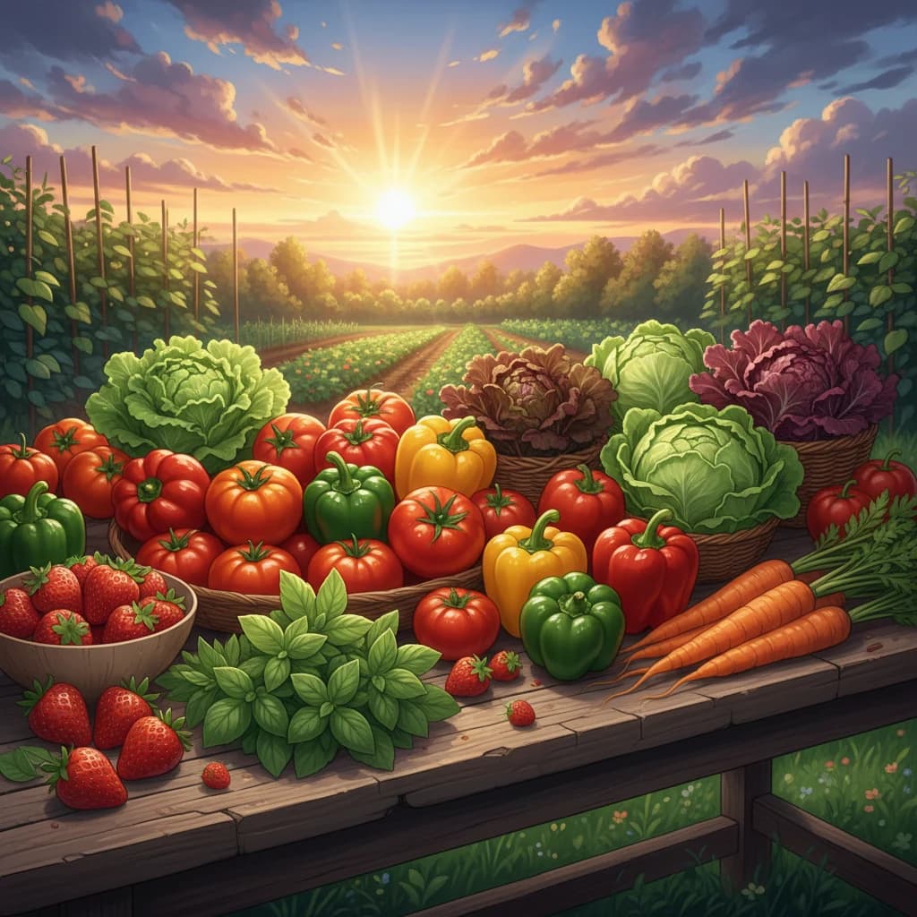 A beautiful harvest spread with fresh vegetables herbs and fruit from a home garden